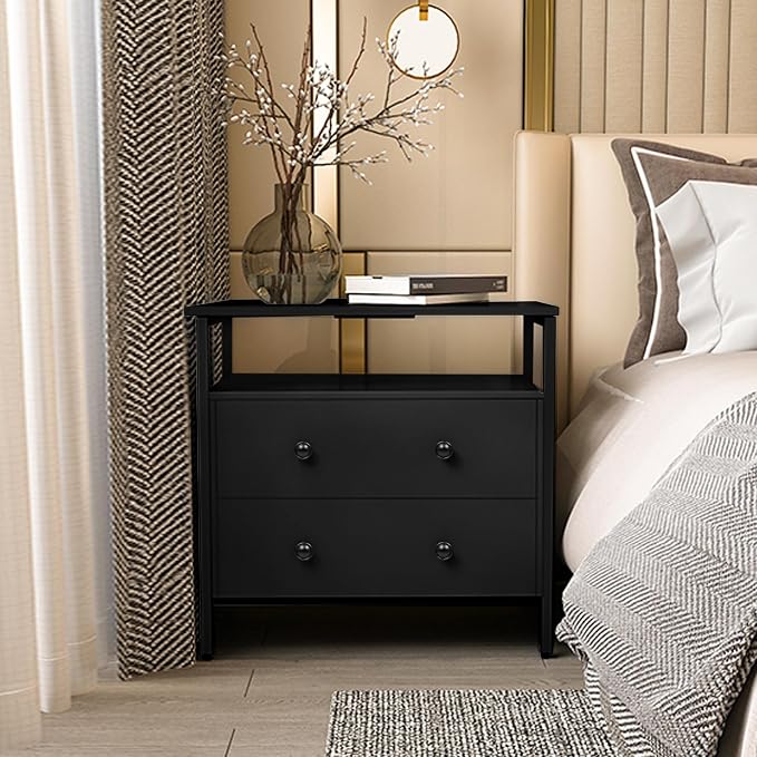 27 inch Wide Night Stand with Charging Station, Bedside Table with Open Shelf - Image 2