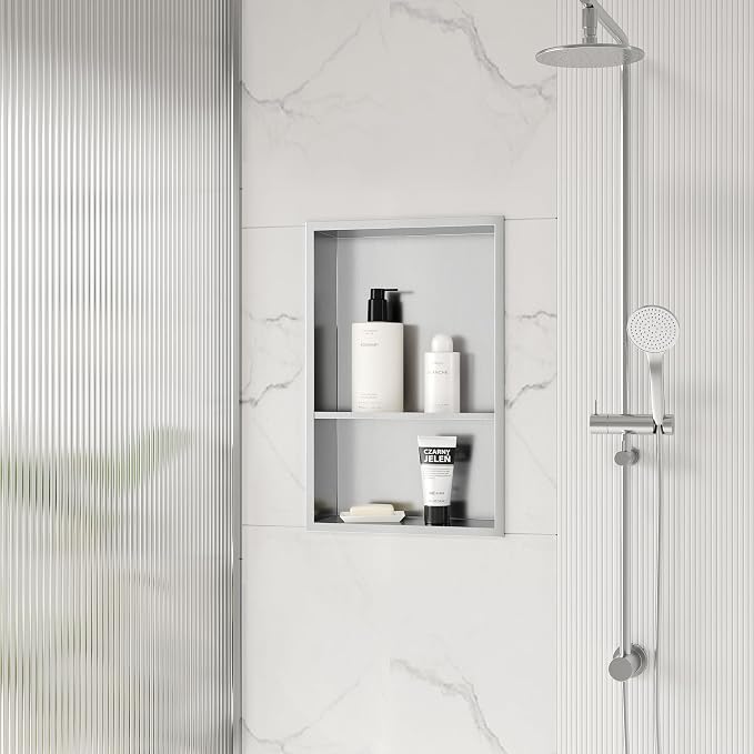 Stainless Steel Shower Niche 18" X 12", No Tile Needed Wall Niche Double Shelves - Image 2
