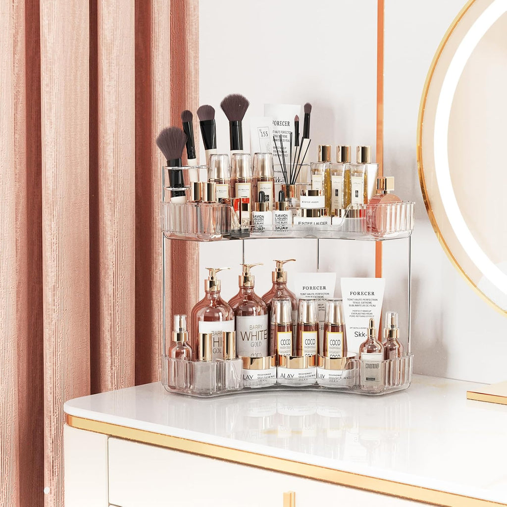 2-Tier Corner Bathroom Counter Organizer with Top Toothbrush