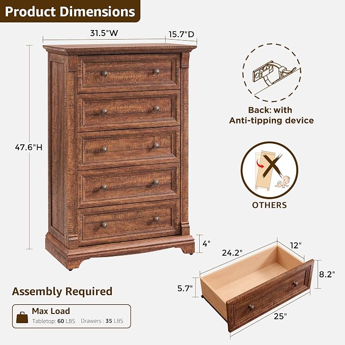 T4TREAM Farmhouse 5 Drawer Dresser - Image 2