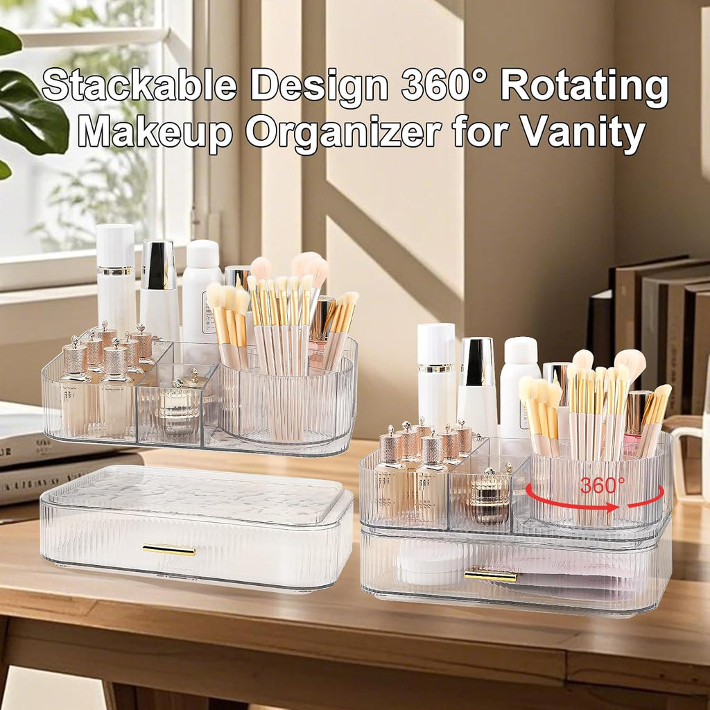 DASITON Makeup Organizer with Drawers and Rotating Makeup Brush