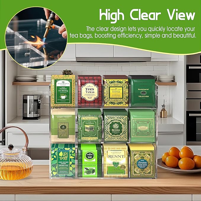Jumyee 3-Tier Acrylic Tea Bag Organizer & Storage Box, 12 Compartment Portable - Image 4