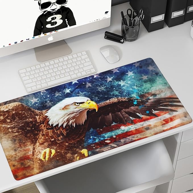 Gaming Mouse Mat Watercolor Bald Eagle Over American Flag Large Mouse Pad - Image 7