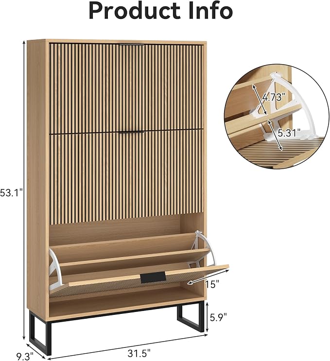 Shoe Cabinet with 3 Flip Drawers Set of 2, Narrow Wood Shoe Cabinet Storage - Image 2