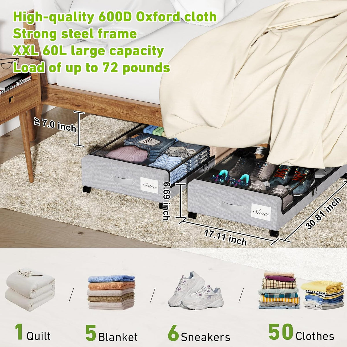 4-Pack Under Bed Storage with Wheels (Gray)