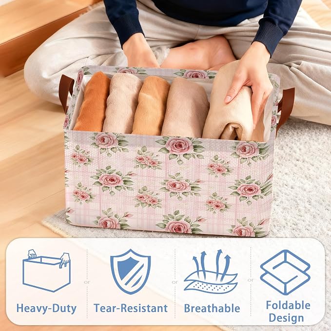 Vintage Pink Rose Storage Baskets, Foldable Large Capacity Organizer Bins - Image 4