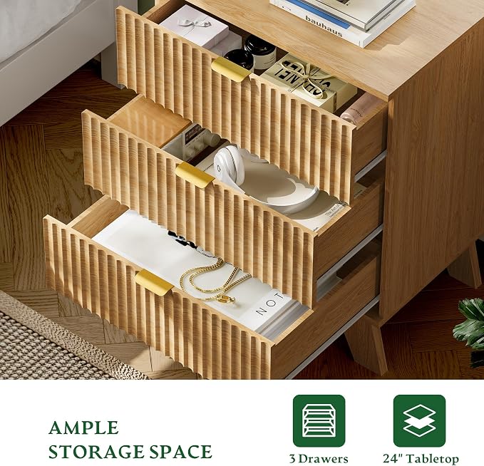 Fluted Nightstand with Charging Station, Modern Wood Side Table Night Stand - Image 5