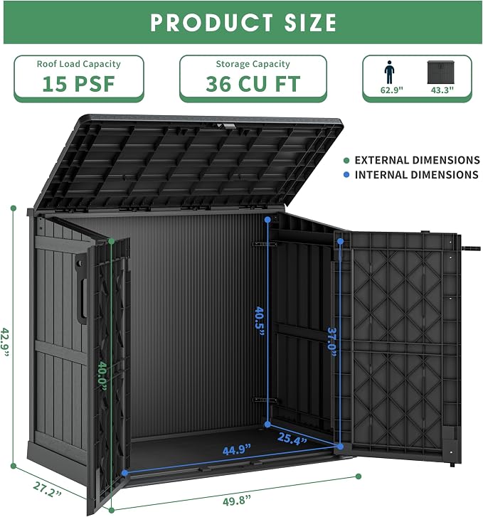 36 Cu Ft Resin Outdoor Storage Shed, Weatherproof Horizontal Outdoor Storage - Image 3