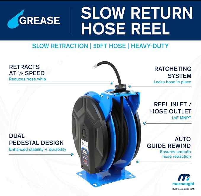 Macnaught M3 Slow Retraction Grease Safety Hose Reel 1/4” x 50 ft, Heavy Duty - Image 2