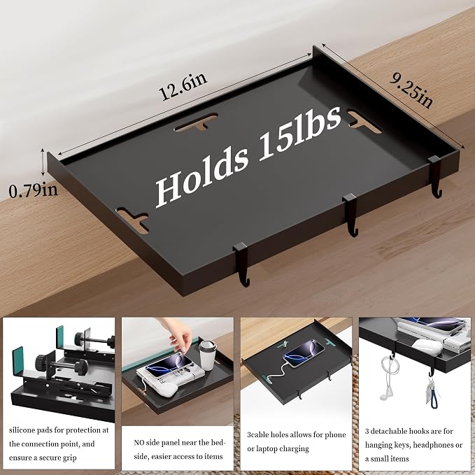 Foldable Bedside Shelf, Metal Clip-On Bed Tray Table - Image 5