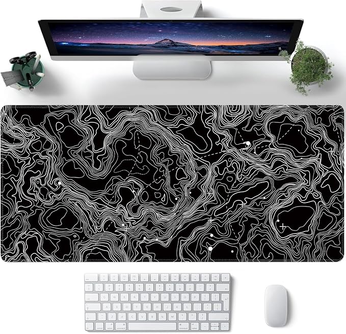 Black with White Topographic Line Large Mouse Pad, Gaming Keyboard Desk Pad - Image 2