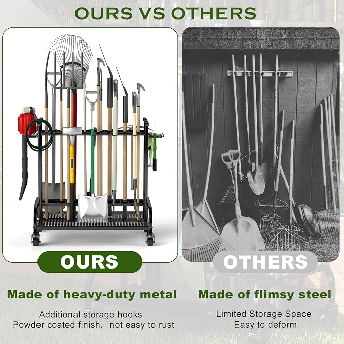 Garden Tool Organizer with Wheels, Large Capacity Garage Tool Rack with Hooks - Image 7
