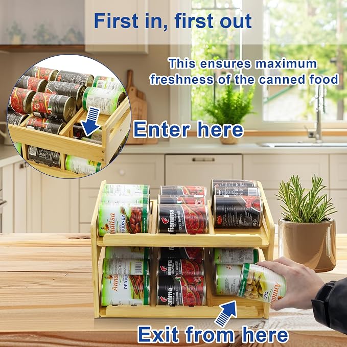 MinBoo Adjustable Can Organizer Rack, Two Tier Bamboo Stackable FIFO Cans - Image 3
