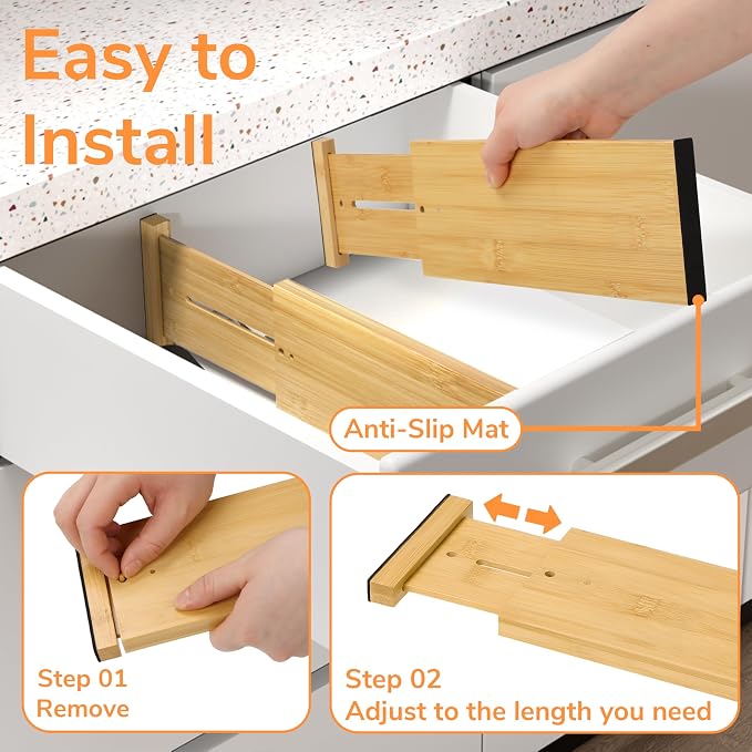 BAMEOS 4 PCS Bamboo Drawer Divider Adjustable Drawer Dividers Kitchen Drawer - Image 7