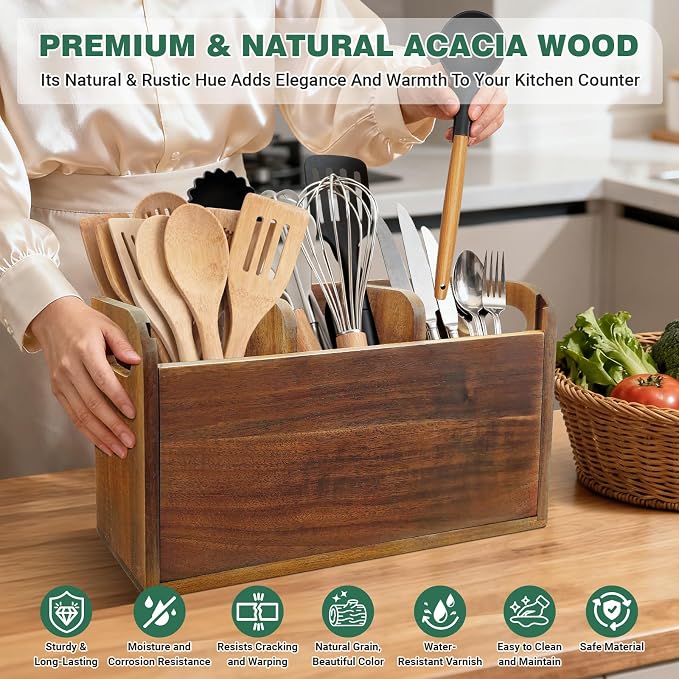 Acacia Wood Utensil Holder Kitchen Utensil Holder - Image 3