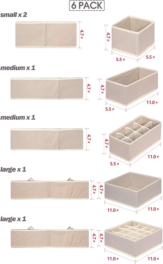6 Pack Foldable Drawer Organizer Dividers Cloth Storage Box Closet Dresser - Image 2