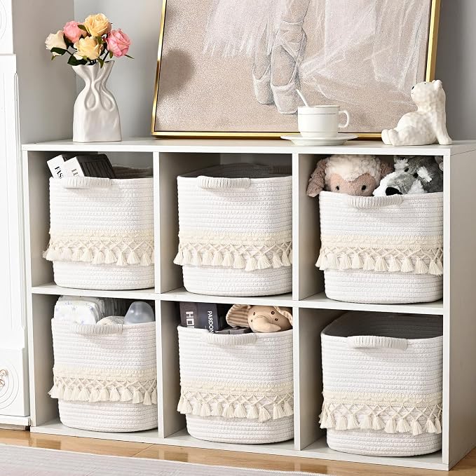 6 Pack Storage Basket for Shelves, Boho Cotton Rope Storage Bins - Image 4