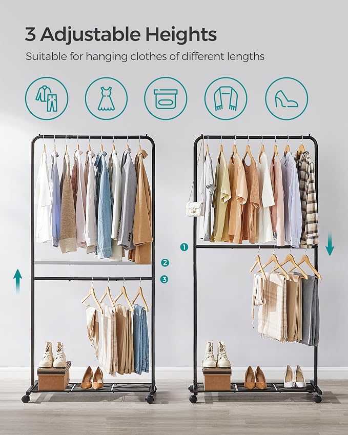 SONGMICS Clothes Rack with Wheels, Double-Rod Clothing Rack - Image 3
