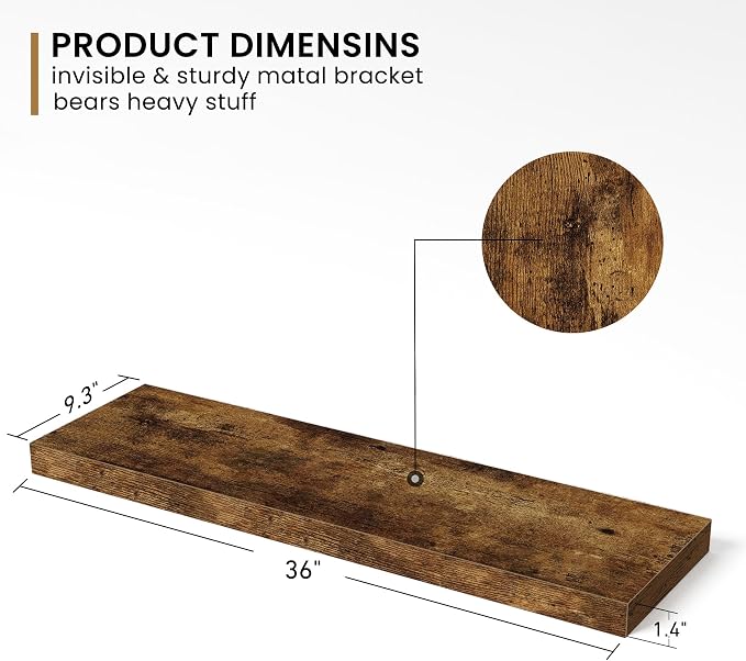 Fun Memories 36Inch Floating Shelves, 9.3Inch Deep Rustic Wall Shelves - Image 3