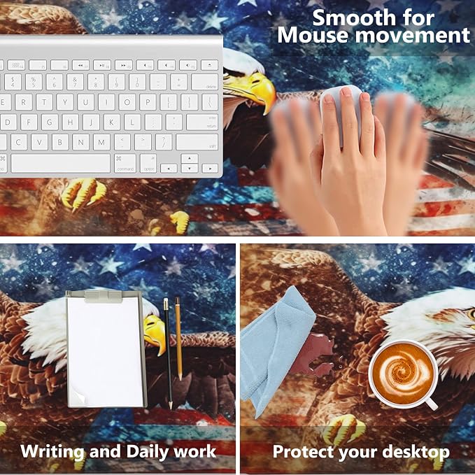 Gaming Mouse Mat Watercolor Bald Eagle Over American Flag Large Mouse Pad - Image 4