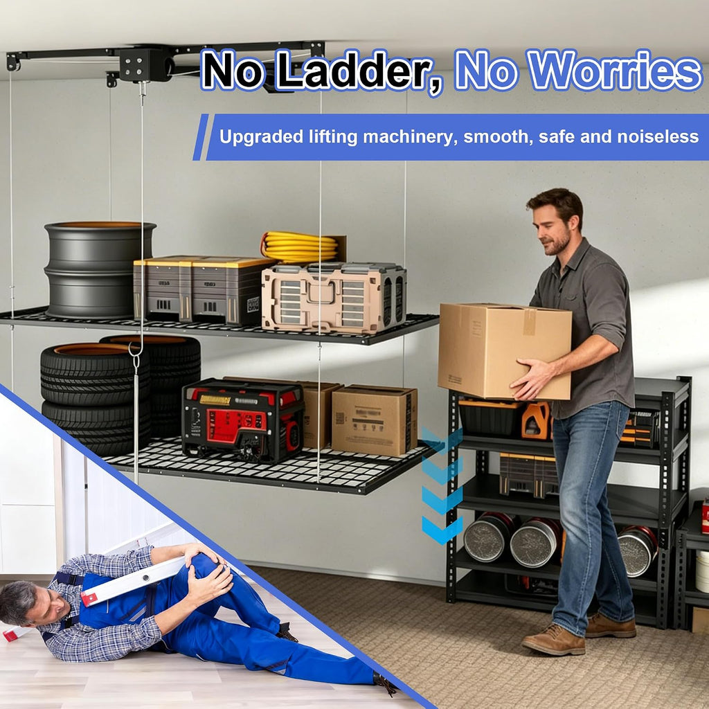 4x8FT Double-Layer Overhead Garage Storage Rack for High Ceilings