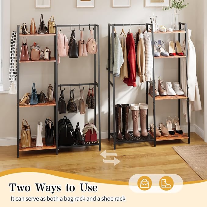 Purse Storage Organizer for Closet, 4-Tier Iron Wood Purse Rack, 8 Purse Hooks - Image 5