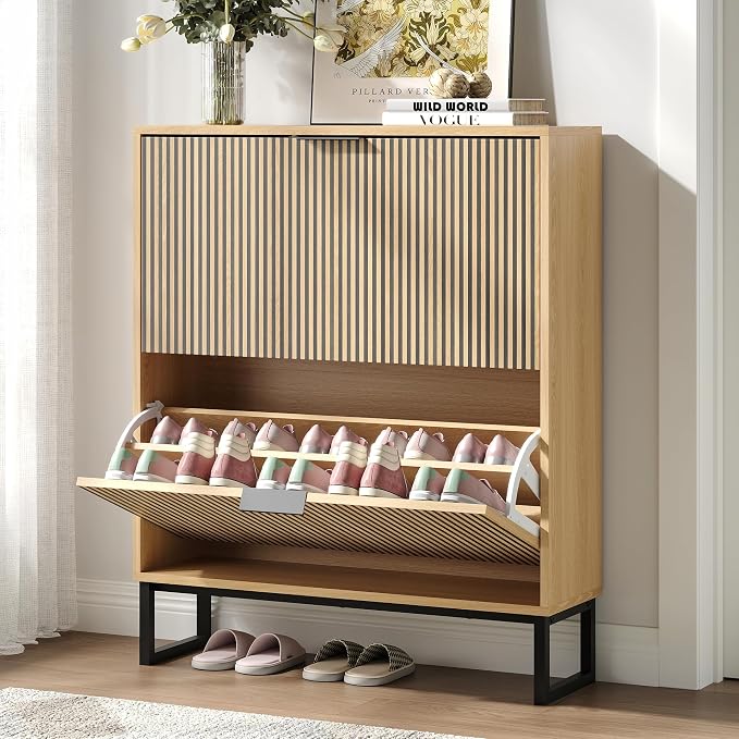 Shoe Cabinet with 2 Flip Drawers, Narrow Wood Shoe Cabinet Storage by Provideyouwithbestproduct%EF%BC%81