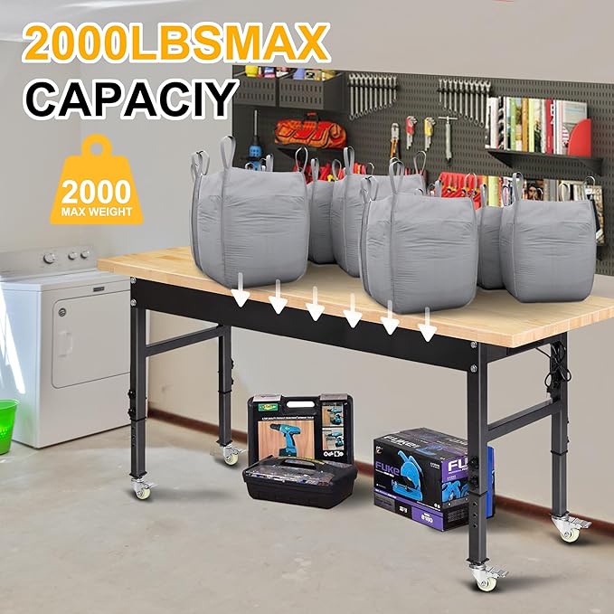 60" Adjustable Work Bench, Rubber Wood Top Workbench Heavy-Duty Work Table - Image 3