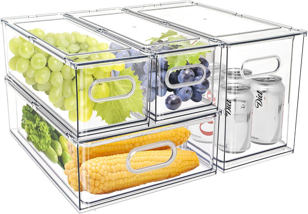 MANO Fridge Drawer Pull Out Stackable Bins with Handle Clear