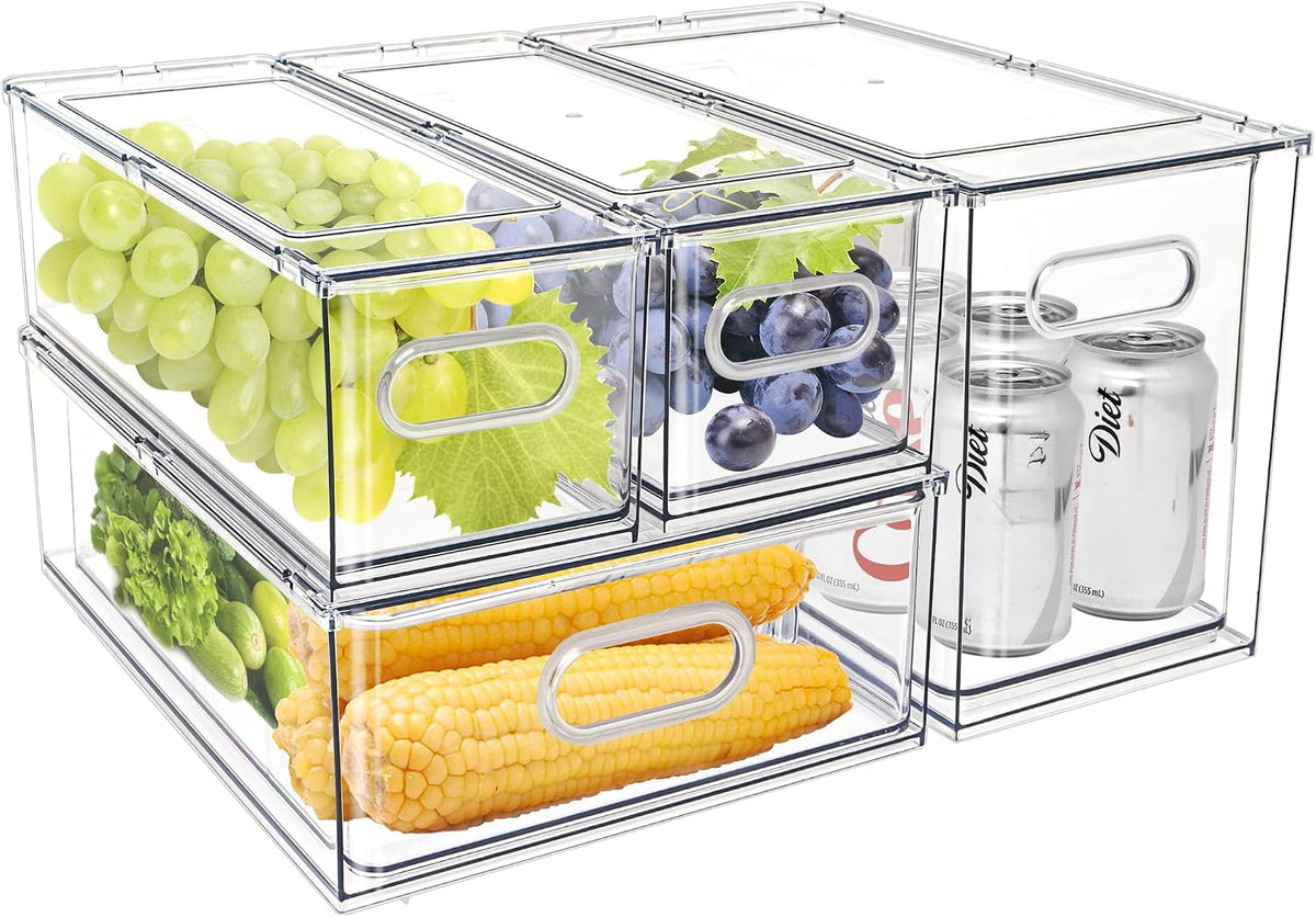 MANO Fridge Drawer Pull Out Stackable Bins with Handle Clear