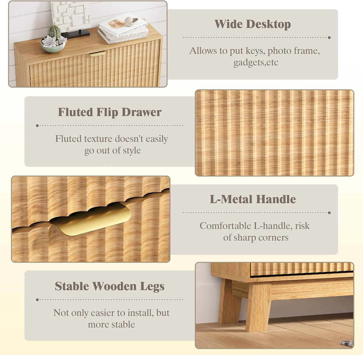 Shoe Cabinet Storage for Entryway with 2 Flip Drawers, Fluted Narrow