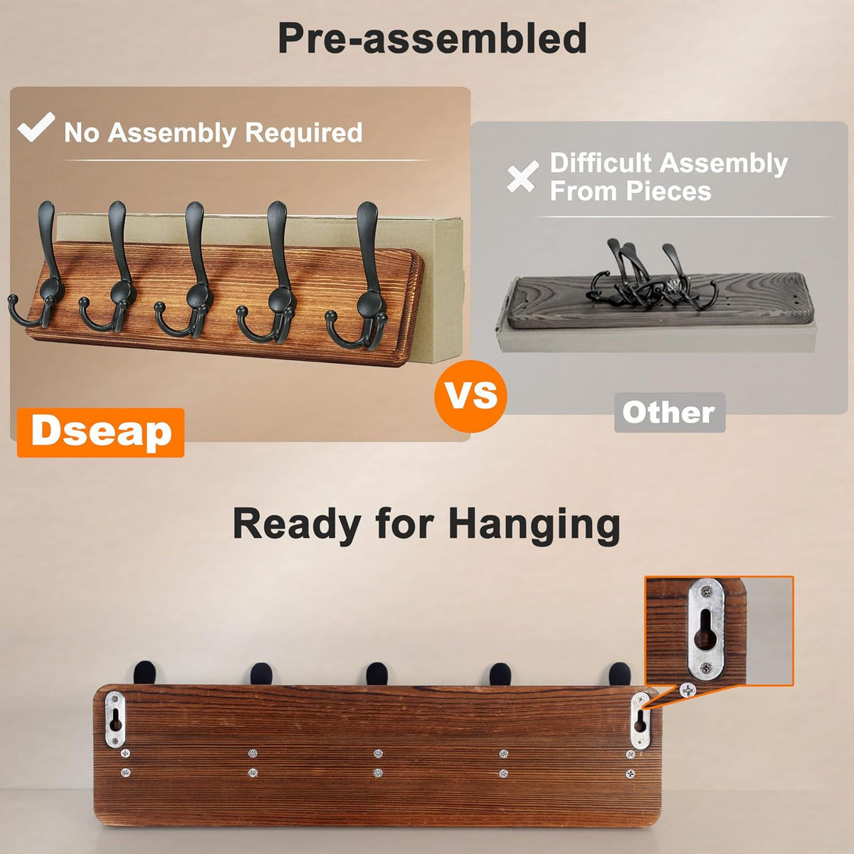 Coat Rack Wall Mounted - 5 Tri Hooks, Heavy Duty, Wooden Wall Coat