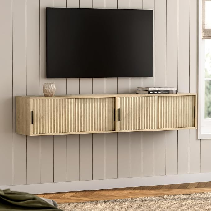 Fluted Floating Nightstand Set of 2 Modern Large TV Stands Wall Mounted Bedside - Image 6