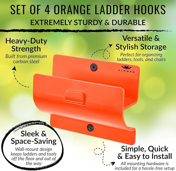 Ladder Holders - Set of 4 Garage Hooks - Orange Wall Mount Heavy Duty Ladder - Image 2