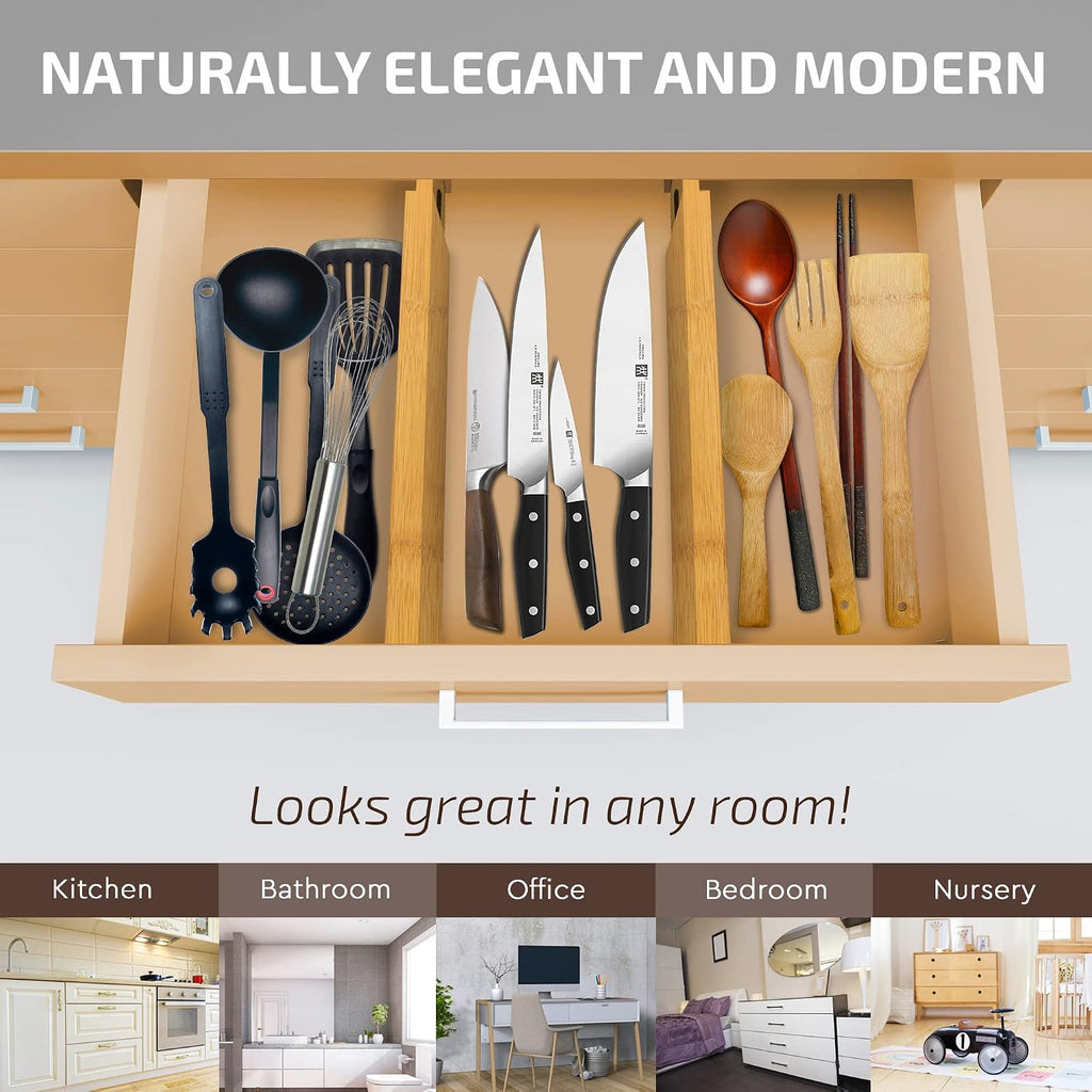 4-Pack Bamboo Drawer Dividers - 2.6 Inches High, Adjustable 12 to