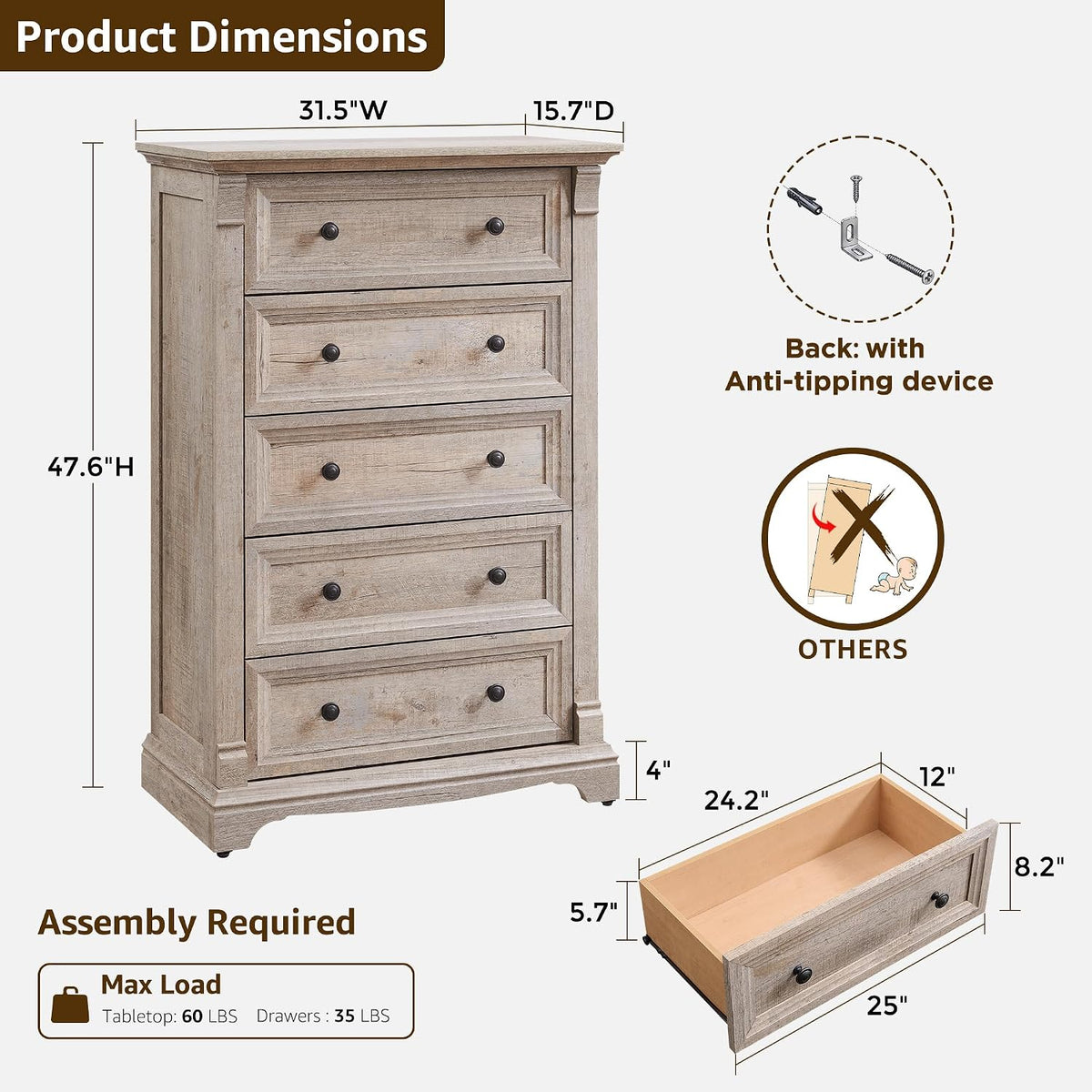 T4TREAM Farmhouse 5 Tall Drawers Dresser for Bedroom 47"H Chests of