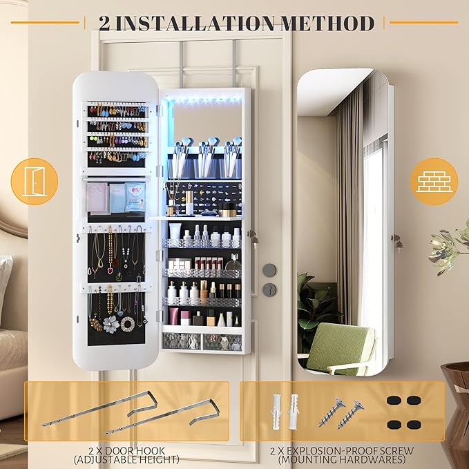 Vlsrka 47.2" LED Mirror Jewelry Cabinet, Wall/Door Mounted Full Length Mirror - Image 3