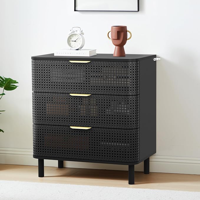 ORRD 3 Drawer Dresser, Modern Iron Rattan Cabinet Dresser by ORRD