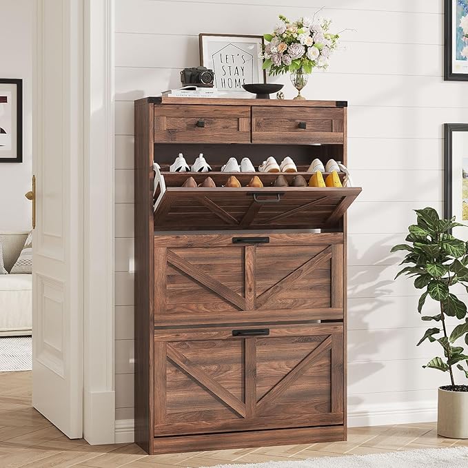 Shoe Cabinet with 3 Flip Drawers & 2 Drawers, Freestanding Shoe Storage Cabinet by Halitaa