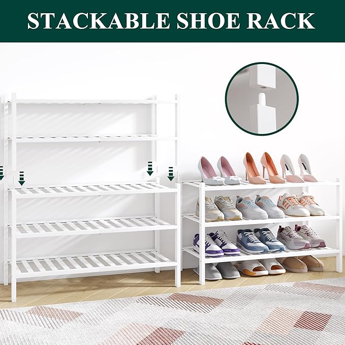 Smiry Bamboo Shoe Rack for Closet, 2 Tier Wooden Stackable Shoe Organizer - Image 4