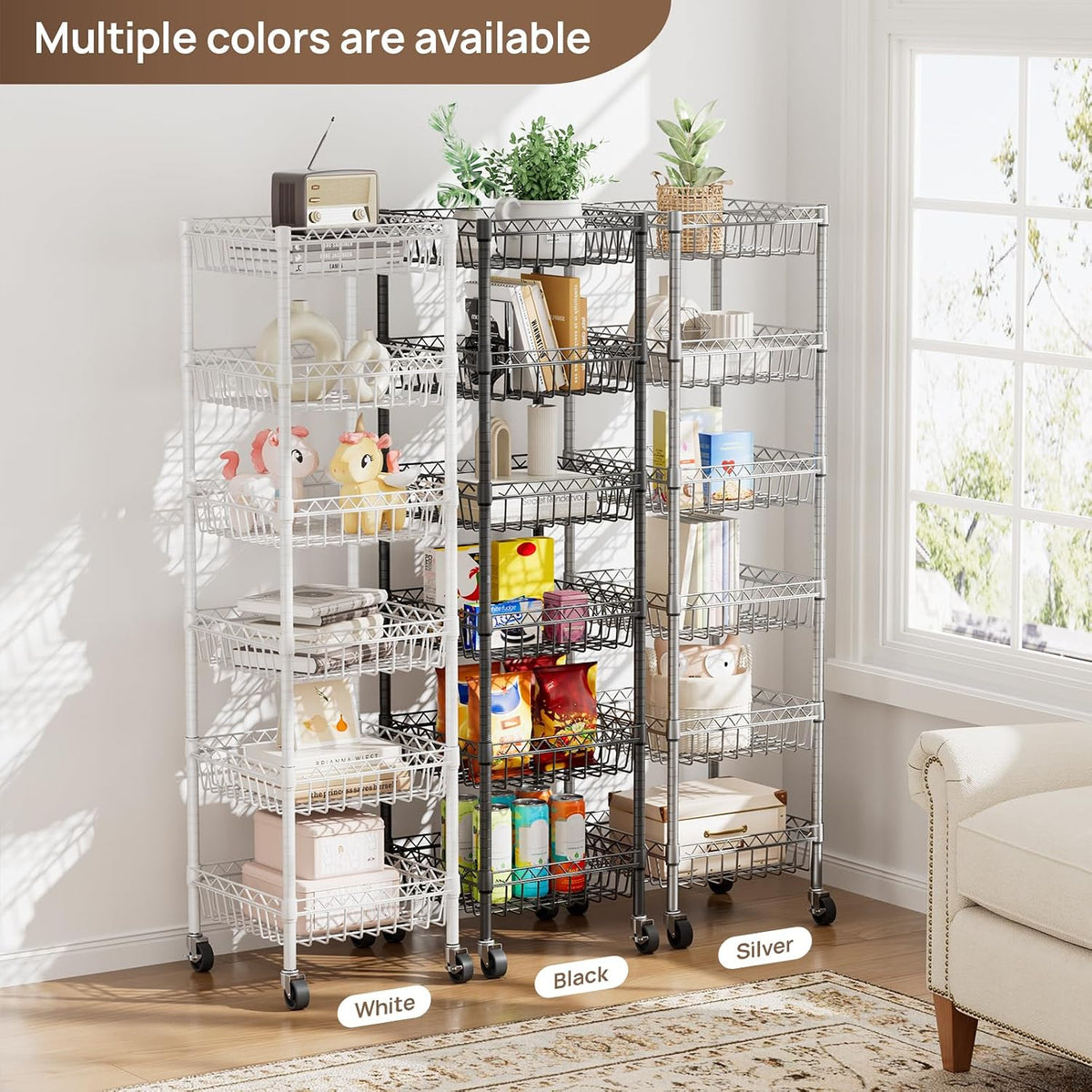 Basket Shelves Closet Rack with Wheels Metal Pantry Wire Shelf Unit