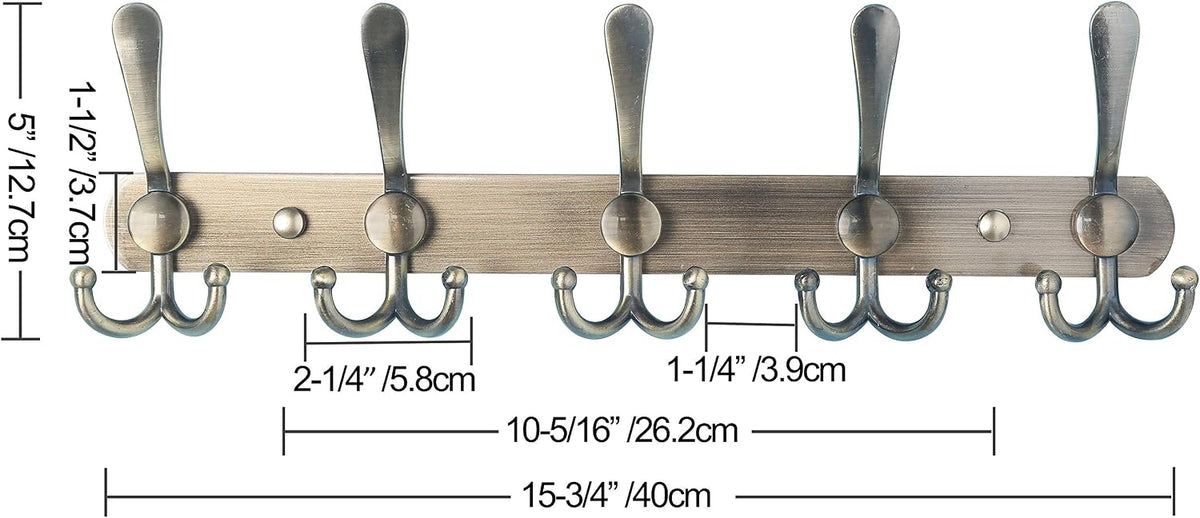 Wall Mounted Coat Rack - 5 Tri Hooks, Heavy Duty, Stainless Steel