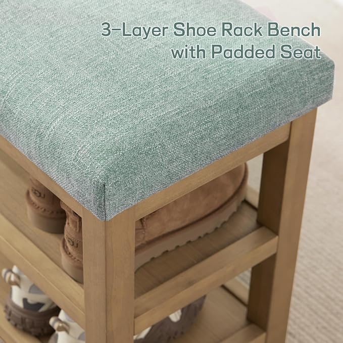 Shoe Rack Bench with Cushion, 2 Tier Solid Wood Storage Bench, Mid-Century - Image 7