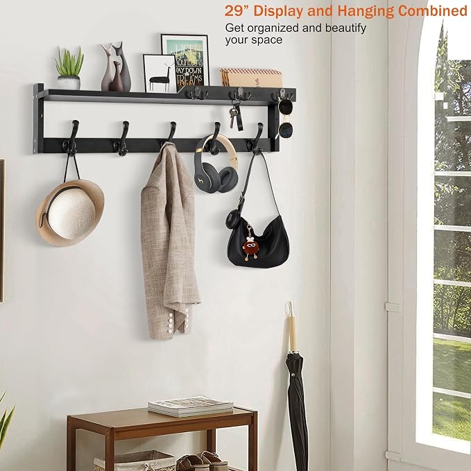 29'' Coat Rack Wall Mount with Shelf, Coat Hanger Wall Mount with Key Hooks and - Image 5