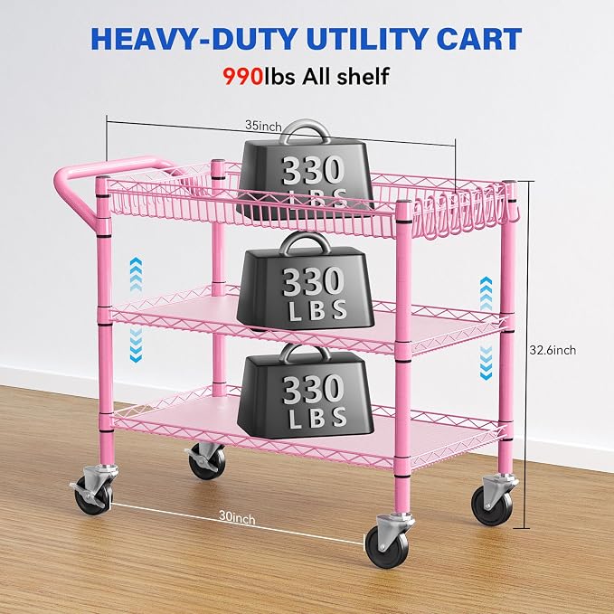 YNN Pink Rolling Cart, 990Lbs 3 Tier Heavy Duty Metal Cart - Image 2