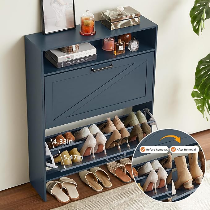 Shoe Storage Cabinet with 2 Flip Drawers, Farmhouse Narrow Shoe Organizer with - Image 3