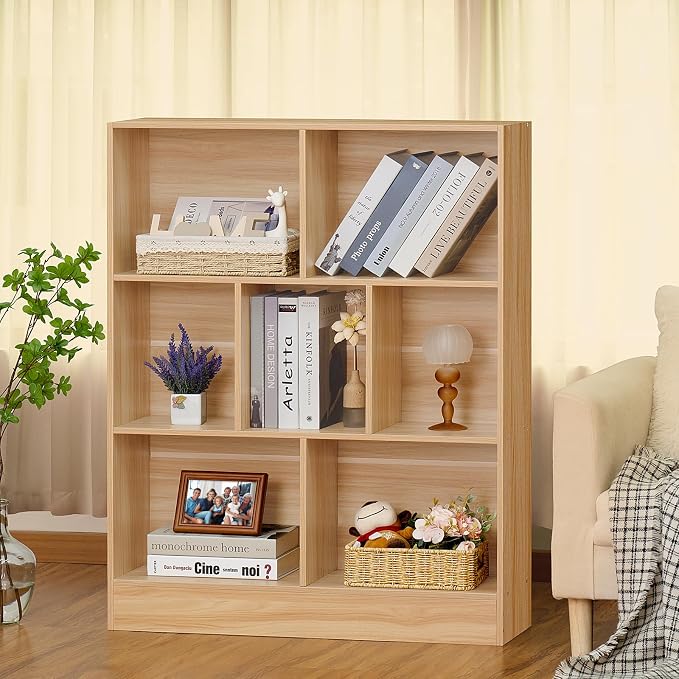 LEYAOYAO 7 Cube Bookshelf with Base, 3 Tier Mid-Century Modern Natural Bookcase - Image 6