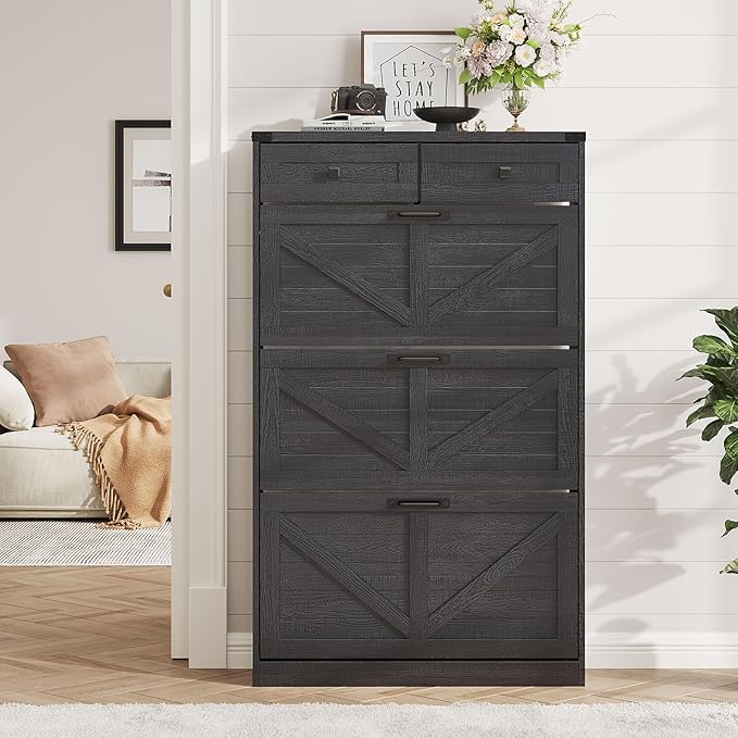 Shoe Cabinet with 3 Flip Drawers & 2 Drawers, Freestanding Shoe Storage Cabinet - Image 7