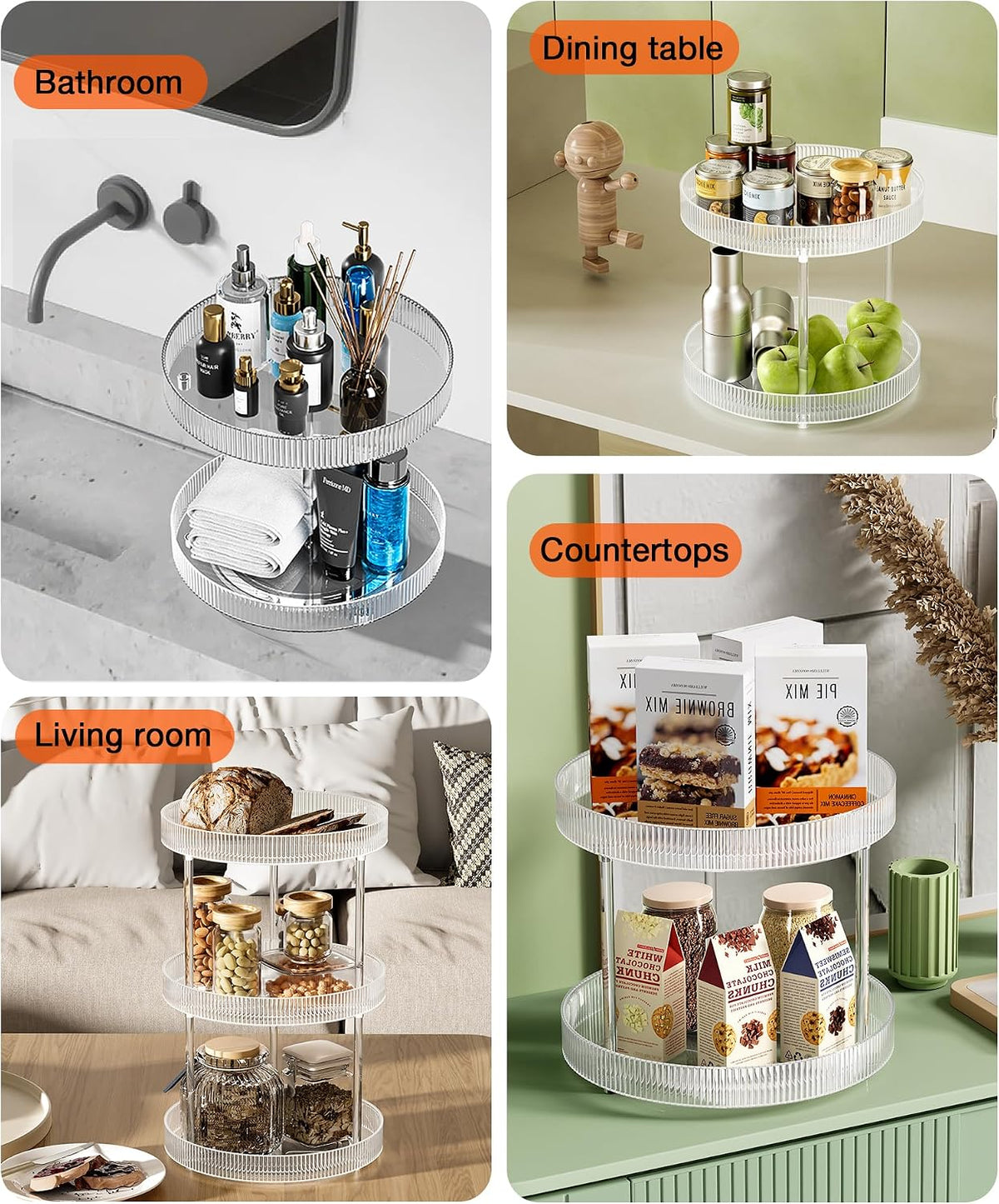 360° Clear Rotating Storage Tray, 2 Tier Lazy Susan Bathroom