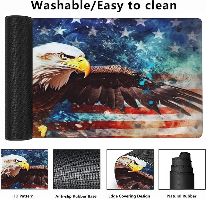 Gaming Mouse Mat Watercolor Bald Eagle Over American Flag Large Mouse Pad - Image 2